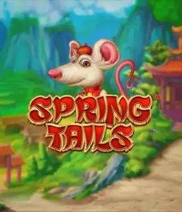 A whimsical illustration of a white rat dressed in traditional Chinese attire standing in a vibrant landscape with mountains. The image promotes the Spring Tails Slot by Betsoft, showcased with bold gold and red logo lettering.