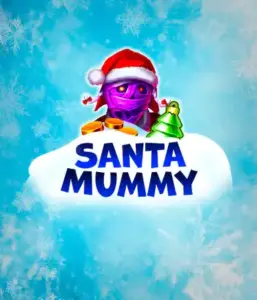  Behold the unique "Santa Mummy" slot game by Belatra, showcasing a Santa-clad mummy decked out in festive holiday attire. This colorful image presents the mummy with a vivid purple hue, wearing a Santa hat, against a backdrop of snowy blue with frosty snowflakes. The game's title, "Santa Mummy," is prominently displayed in large, icy blue letters.